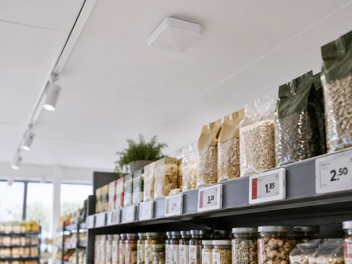 Diskret basstation i butikstaket ovanför en hylla med elektroniska prislappar